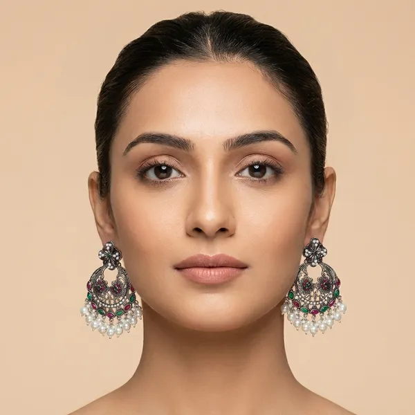 Avarni_Jewels:_Oxidized_Silver-Tone_Jhumka_Earrings_with_Red_&_Green_Stones_&_Pearl_Drops