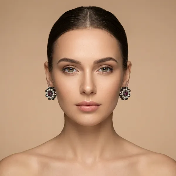 Antique_Gold_Floral_Stud_Earrings_with_Red_Stones_&_Pearls