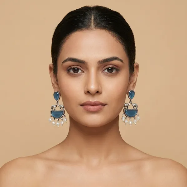 Oxidized_Silver_Elephant-Motif_Crescent_Earrings_with_Blue_Stones_&_Pearl_Drops