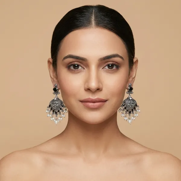 Antique_Oxidized_Chandbali_Earrings_with_Black_Stones_&_Pearl_Drops