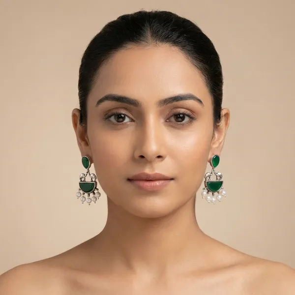 Oxidized_Silver_Elephant-Motif_Crescent_Earrings_with_Green_Stones_&_Pearl_Drops