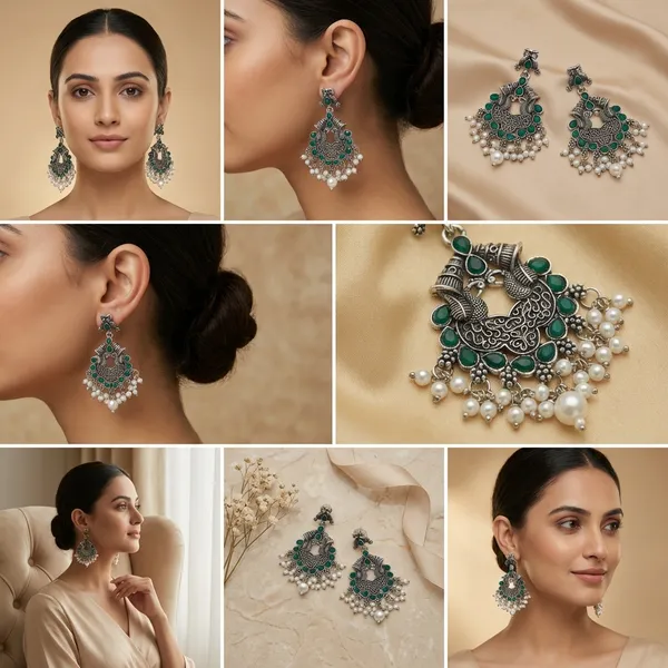Oxidised_Silver_Green_Peacock_Chandbali_Earrings