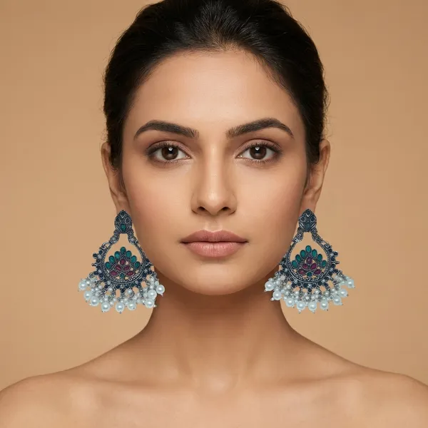 Regal_Oxidized_Silver-Tone_Chandbali_Earrings_with_Red_&_Green_Accents