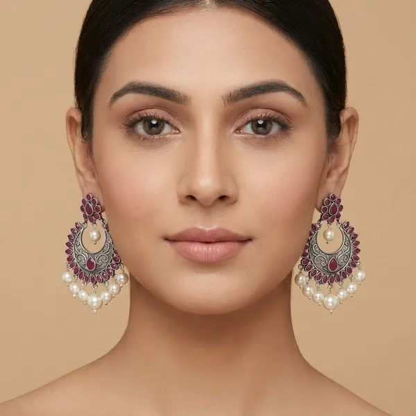 Antique_Oxidized_Chandbali_Earrings_with_Red_Stones_&_Pearl_Drops