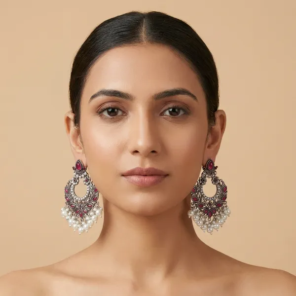 Antique_Oxidized_Chandbali_Earrings_with_Pink_Stones_&_Pearl_Drops