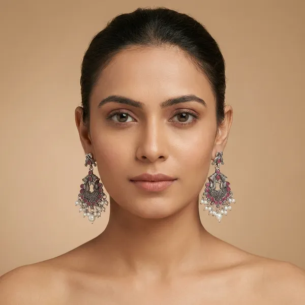 Antique_Oxidized_Chandbali_Earrings_with_Ruby-Red_Stones_&_Pearl_Drops