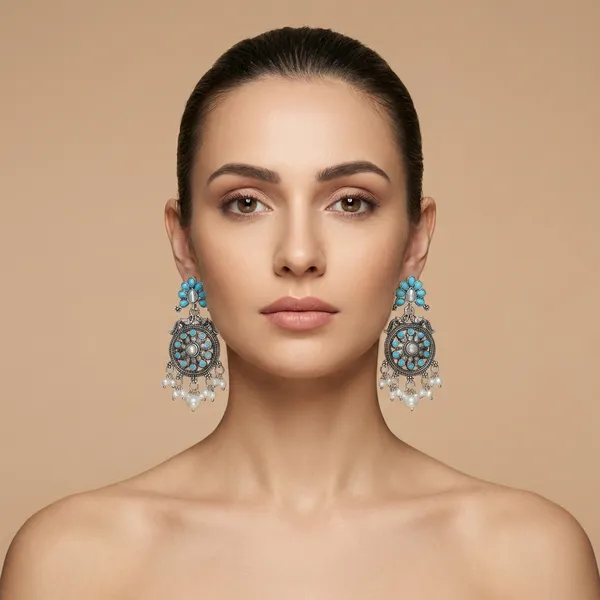 Antique_Oxidized_Chandbali_Earrings_with_Turquoise_&_Pearl_Drops