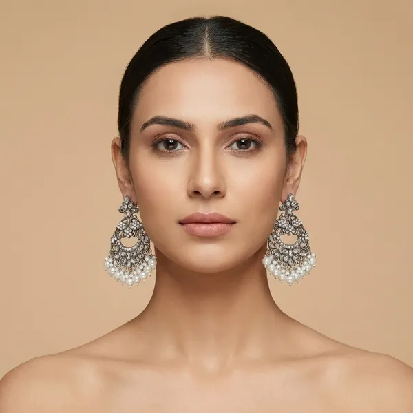 Exquisite_Oxidized_Chandbali_Earrings_with_White_Stones_&_Pearl_Drops