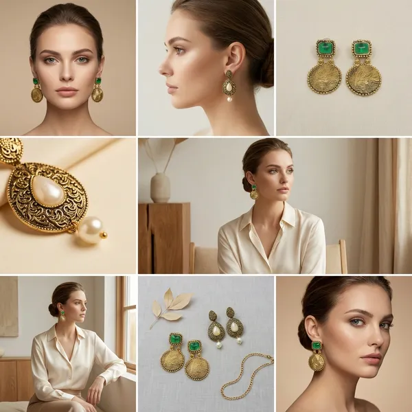 Antique_Gold_Disc_Earrings_with_Green_Stones_&_Textured_Detail