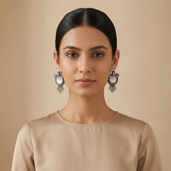 Oxidized_Silver_Disc_Earrings_with_White_Stone_&_Bead_Tassel_Drops