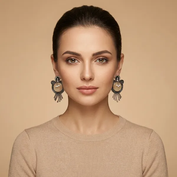 Oxidized_Silver_Round_Earrings_with_Cream_Stone_&_Tassel_Drops