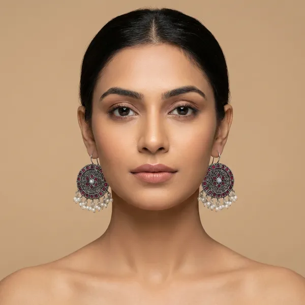 Oxidized_Disc_Earrings_with_Red_Stones_&_White_Drops