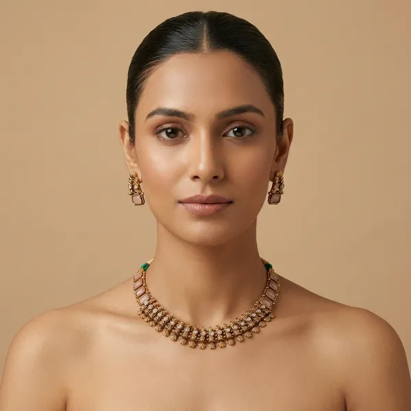 Antique_Gold_Finish_Choker_Necklace_Set_with_Peach_Stones_&_Pearls