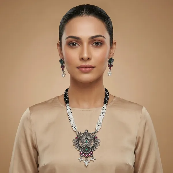 Oxidized_Silver-Tone_Tribal_Necklace_Set_with_Red_&_Green_Stones,_White_&_Black_Pearls