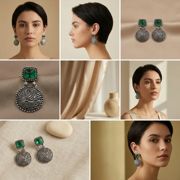 Oxidized_Silver_Disc_Earrings_with_Green_Stones_&_Textured_Detail