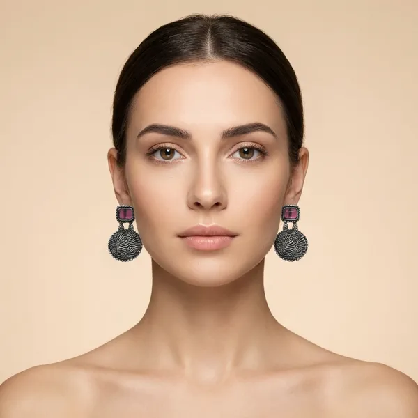 Oxidized_Silver_Disc_Earrings_with_Pink_Stones_&_Textured_Detail