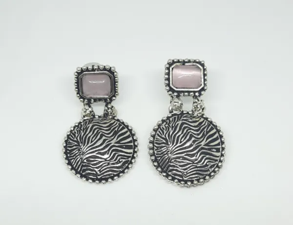 Oxidized_Silver_Disc_Earrings_with_Pink_Stones_&_Textured_Detail