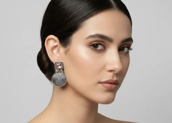 Oxidized_Silver_Disc_Earrings_with_Pink_Stones_&_Textured_Detail