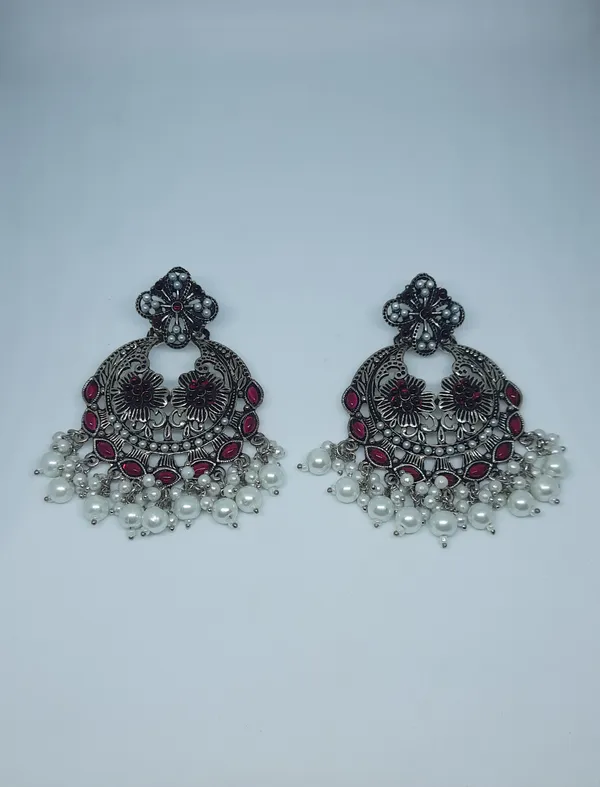 Antique_Oxidized_Chandbali_Earrings_with_Red_Stones_&_Pearl_Drops