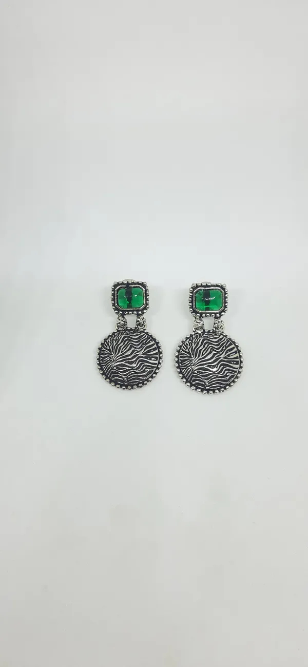 Oxidized_Silver_Disc_Earrings_with_Green_Stones_&_Textured_Detail