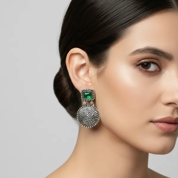 Oxidized_Silver_Disc_Earrings_with_Green_Stones_&_Textured_Detail