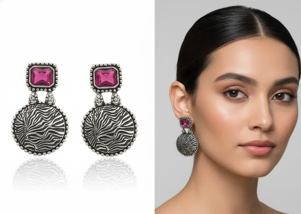 Oxidized_Silver_Disc_Earrings_with_Pink_Stones_&_Textured_Detail