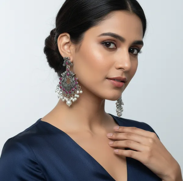 Antique_Oxidized_Chandbali_Earrings_with_Ruby-Red_Stones_&_Pearl_Drops
