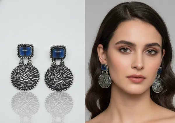Oxidized_Silver_Disc_Earrings_with_Blue_Stones_&_Textured_Detail