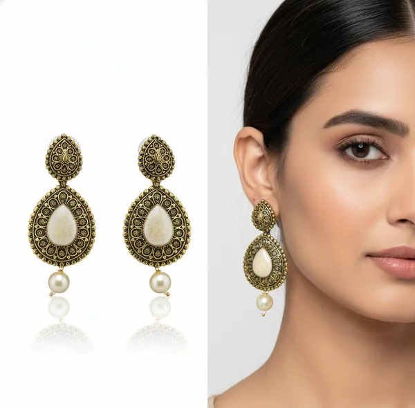 Antique_Gold-Plated_Teardrop_Earrings_with_White_Stones_&_Pearl_Drops
