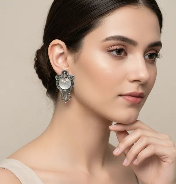 Oxidized_Silver_Disc_Earrings_with_White_Stone_&_Bead_Tassel_Drops