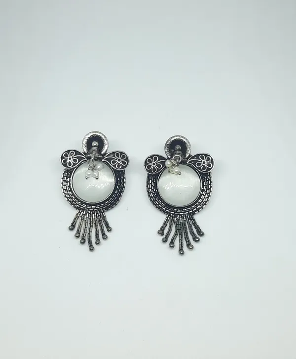 Oxidized_Silver_Disc_Earrings_with_White_Stone_&_Bead_Tassel_Drops