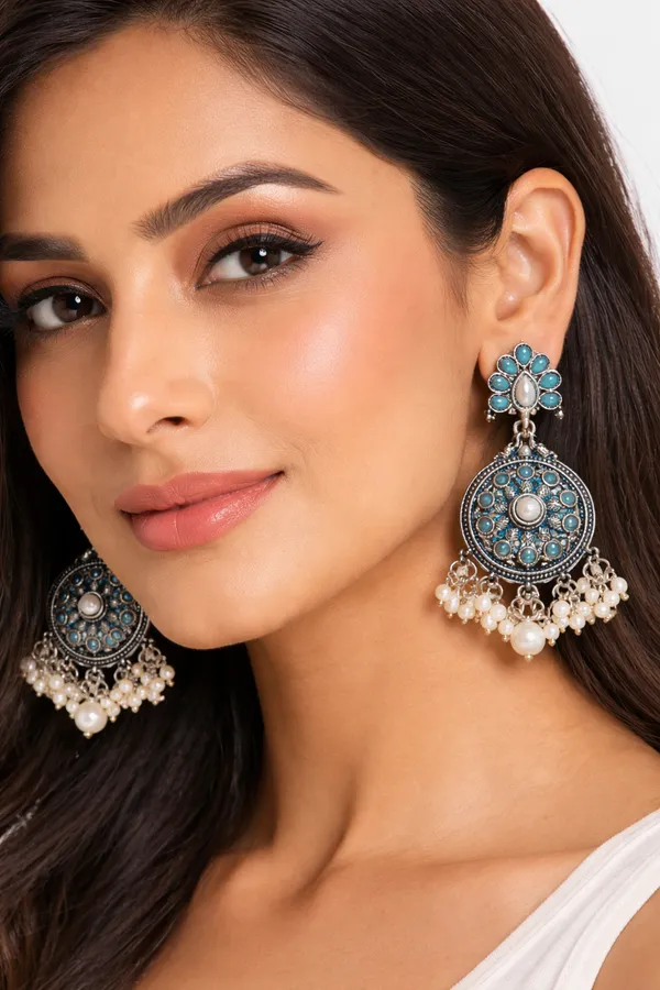 Antique_Oxidized_Chandbali_Earrings_with_Turquoise_&_Pearl_Drops