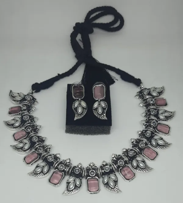 Oxidized_Silver-Tone_Choker_Necklace_Set_with_Pink_Stones_&_White_Accents