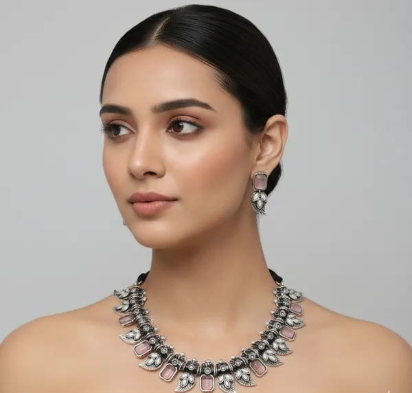 Oxidized_Silver-Tone_Choker_Necklace_Set_with_Pink_Stones_&_White_Accents