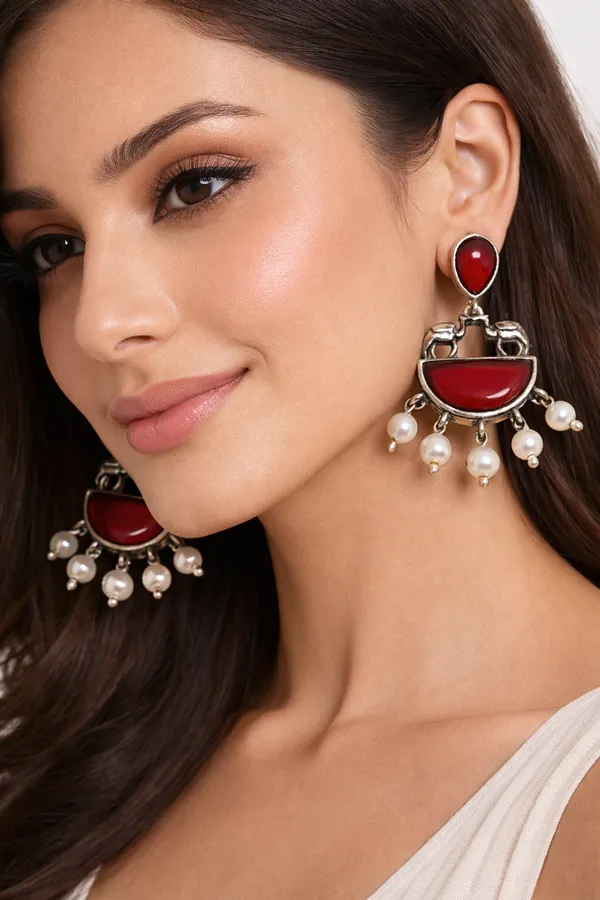 Oxidized_Silver-Tone_Dangle_Earrings_with_Red_Stones_&_Pearl_Drops
