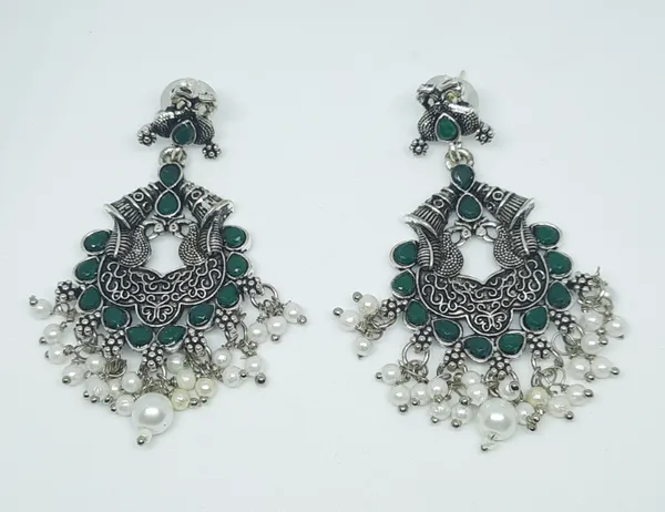Oxidised_Silver_Green_Peacock_Chandbali_Earrings