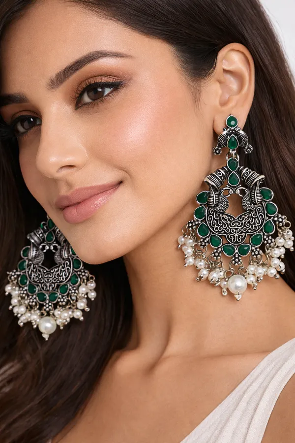 Oxidised_Silver_Green_Peacock_Chandbali_Earrings