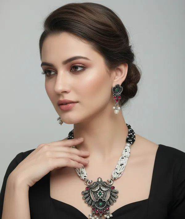 Oxidized_Silver-Tone_Tribal_Necklace_Set_with_Red_&_Green_Stones,_White_&_Black_Pearls