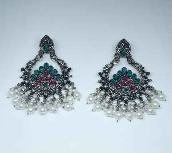Regal_Oxidized_Silver-Tone_Chandbali_Earrings_with_Red_&_Green_Accents