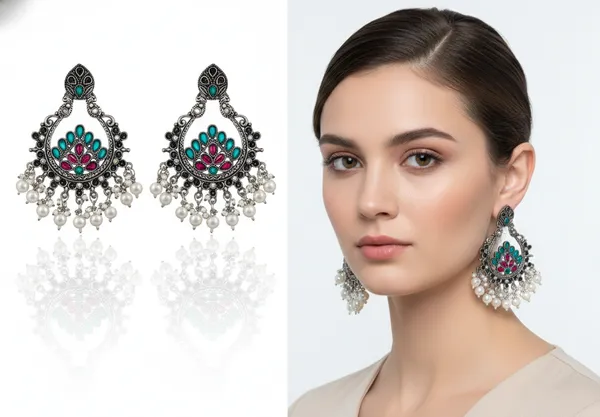 Regal_Oxidized_Silver-Tone_Chandbali_Earrings_with_Red_&_Green_Accents