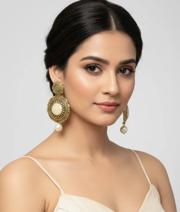 Antique_Gold_Finish_Drop_Earrings_with_White_Center_&_Pearl