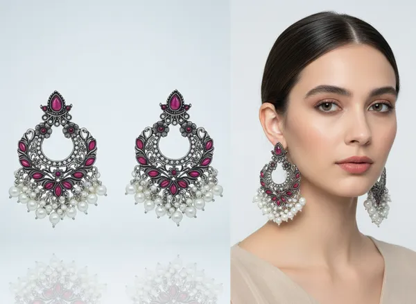 Antique_Oxidized_Chandbali_Earrings_with_Pink_Stones_&_Pearl_Drops