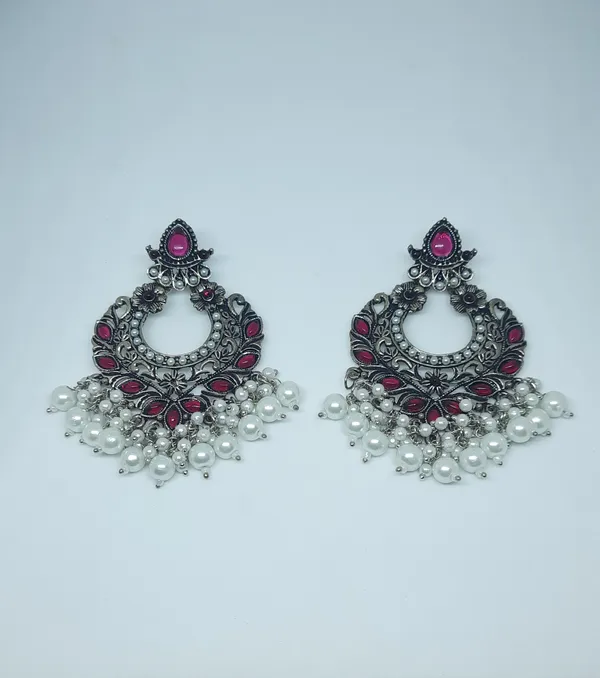 Antique_Oxidized_Chandbali_Earrings_with_Pink_Stones_&_Pearl_Drops