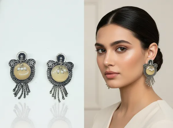 Oxidized_Silver_Round_Earrings_with_Cream_Stone_&_Tassel_Drops