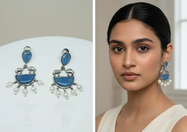 Oxidized_Silver_Elephant-Motif_Crescent_Earrings_with_Blue_Stones_&_Pearl_Drops