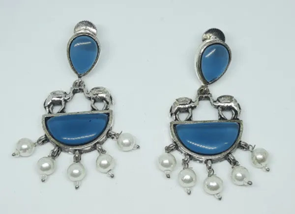Oxidized_Silver_Elephant-Motif_Crescent_Earrings_with_Blue_Stones_&_Pearl_Drops