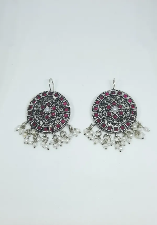 Oxidized_Disc_Earrings_with_Red_Stones_&_White_Drops