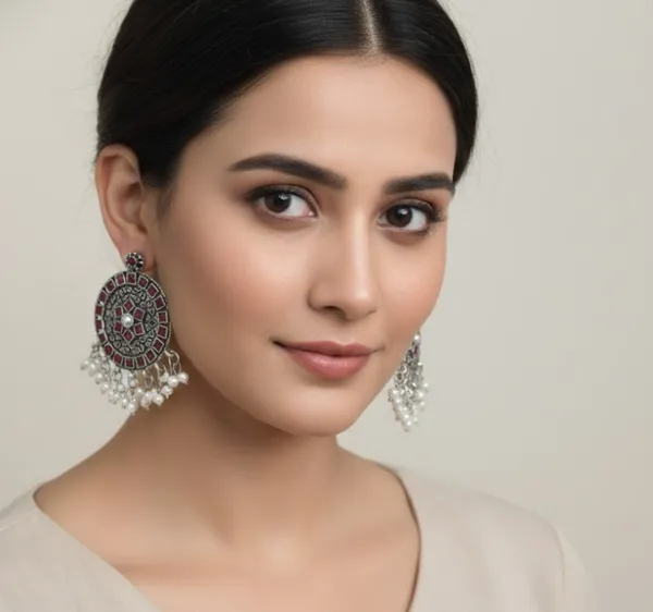 Oxidized_Disc_Earrings_with_Red_Stones_&_White_Drops