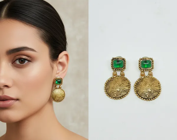 Antique_Gold_Disc_Earrings_with_Green_Stones_&_Textured_Detail