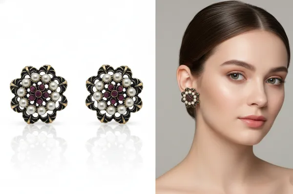 Antique_Gold_Floral_Stud_Earrings_with_Red_Stones_&_Pearls